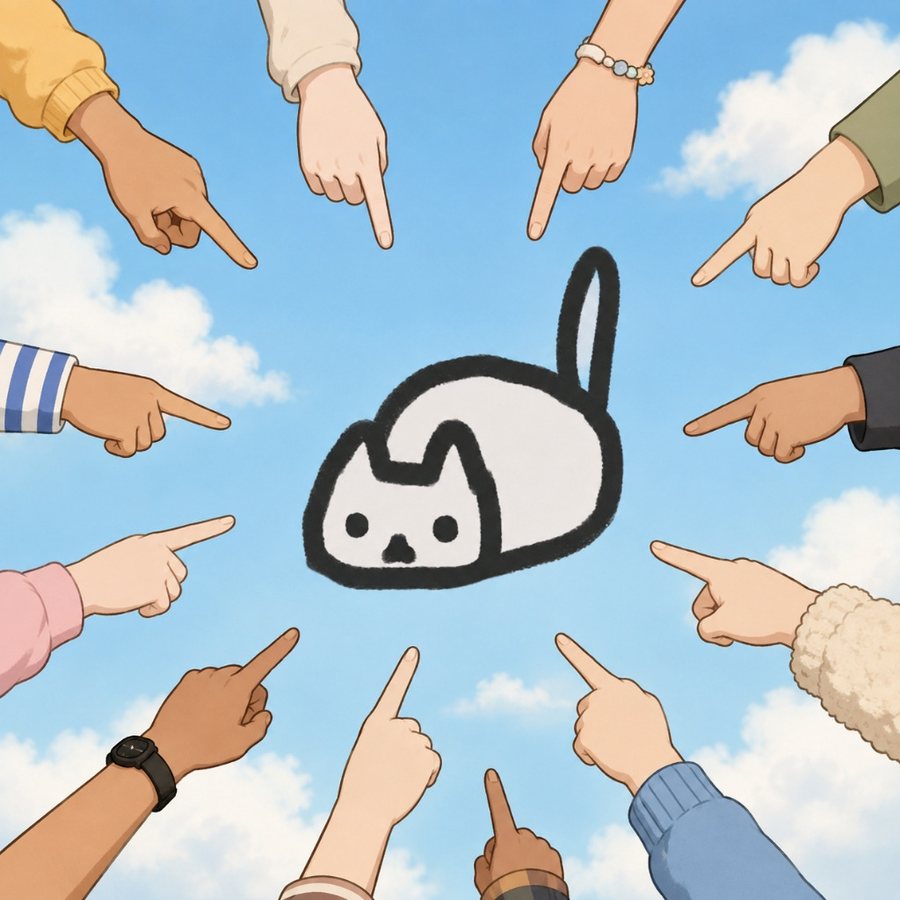 a dozen hands pointing at the simple cat